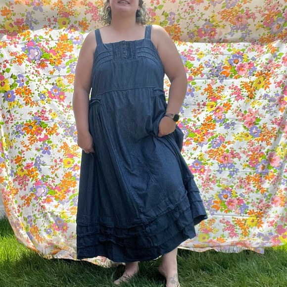 denim 24/7 dress Denim 24/7 Dress Womens 20W Ornate Neckline Lace Trim Sleeveless Lined Pretty